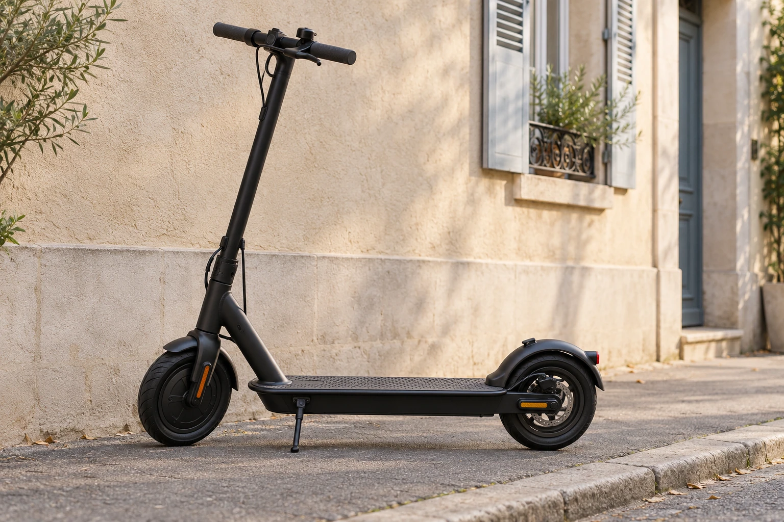 Trottinette électrique noire garée sur trottoir devant façade ensoleillée
