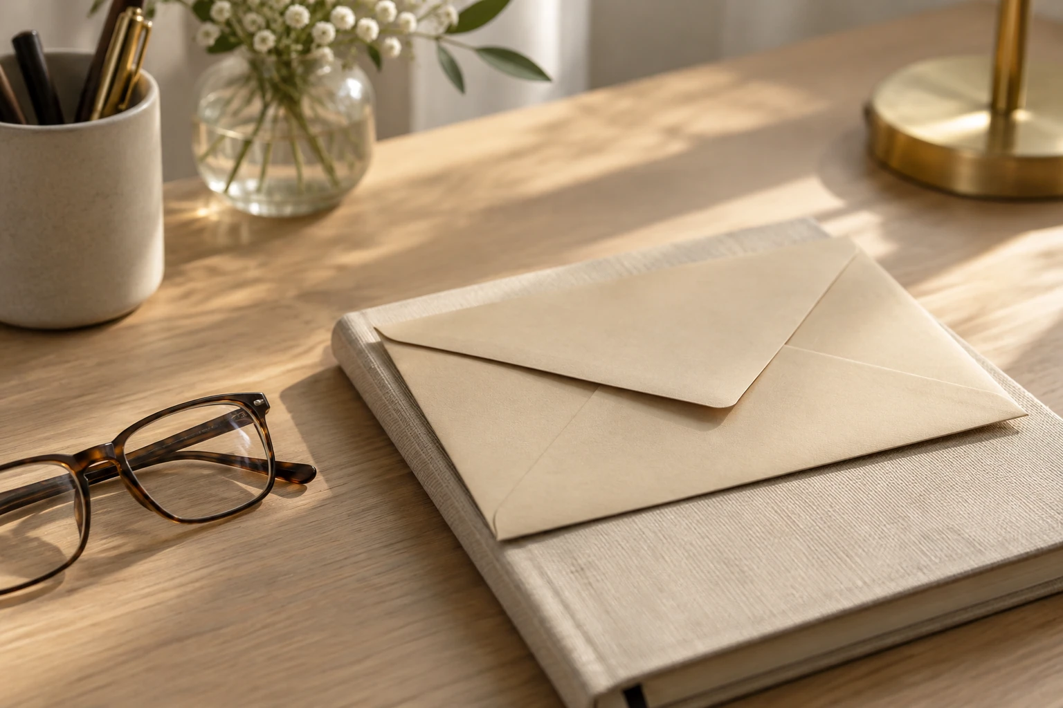 Enveloppe posée sur carnet à côté de lunettes, vase et lampe sur bureau lumineux