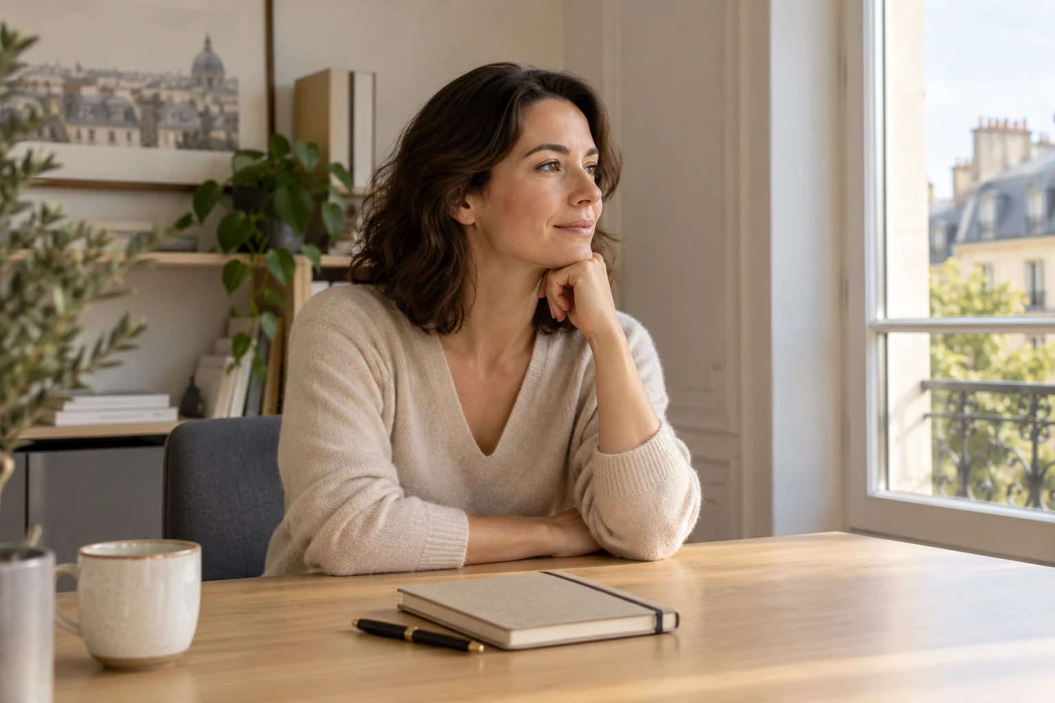 Femme assise à une table regardant par la fenêtre, carnet et tasse posés