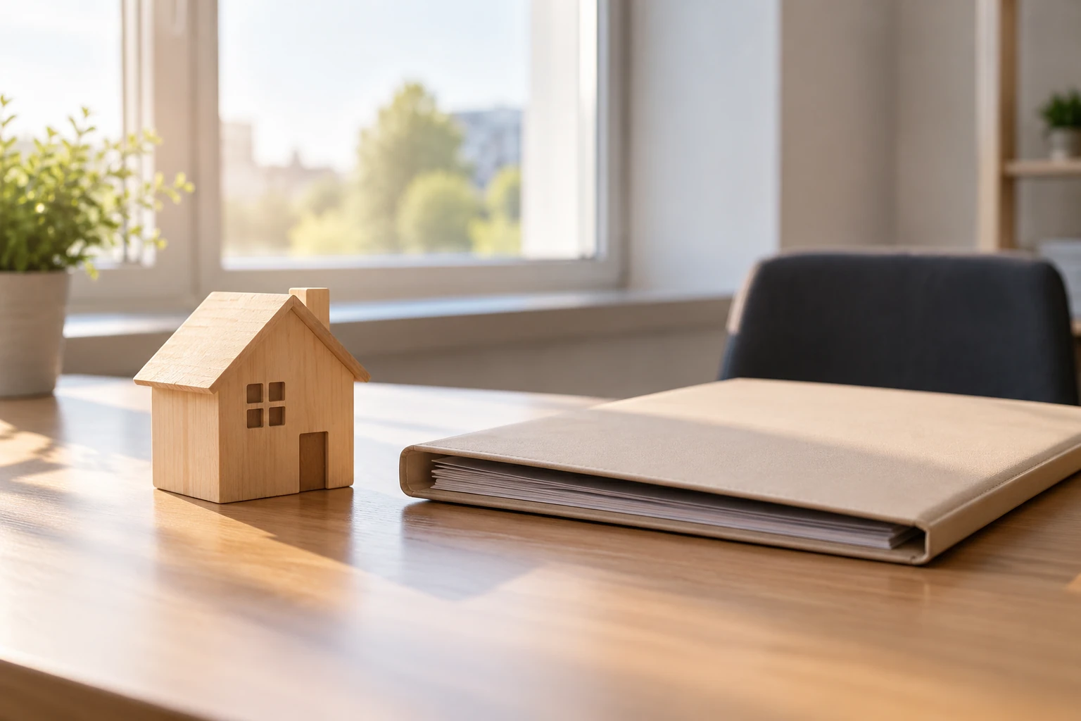 Maquette de maison en bois près d'un classeur beige sur bureau lumineux