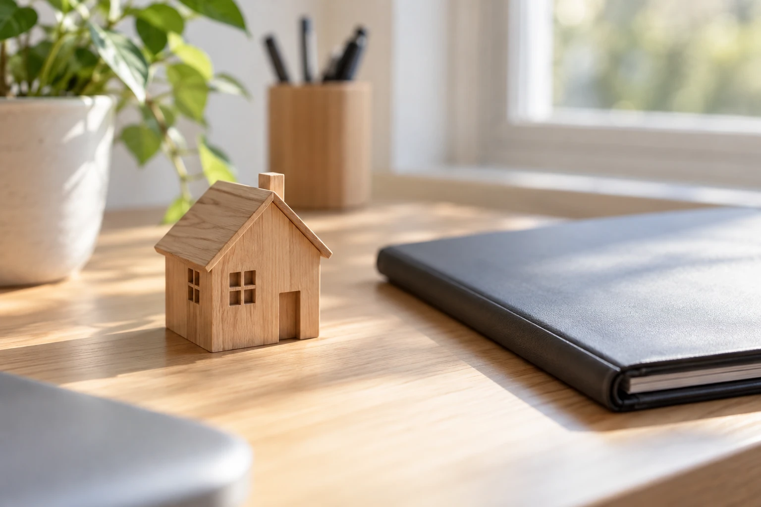 Miniature maison en bois posée sur un bureau ensoleillé près d'un carnet noir