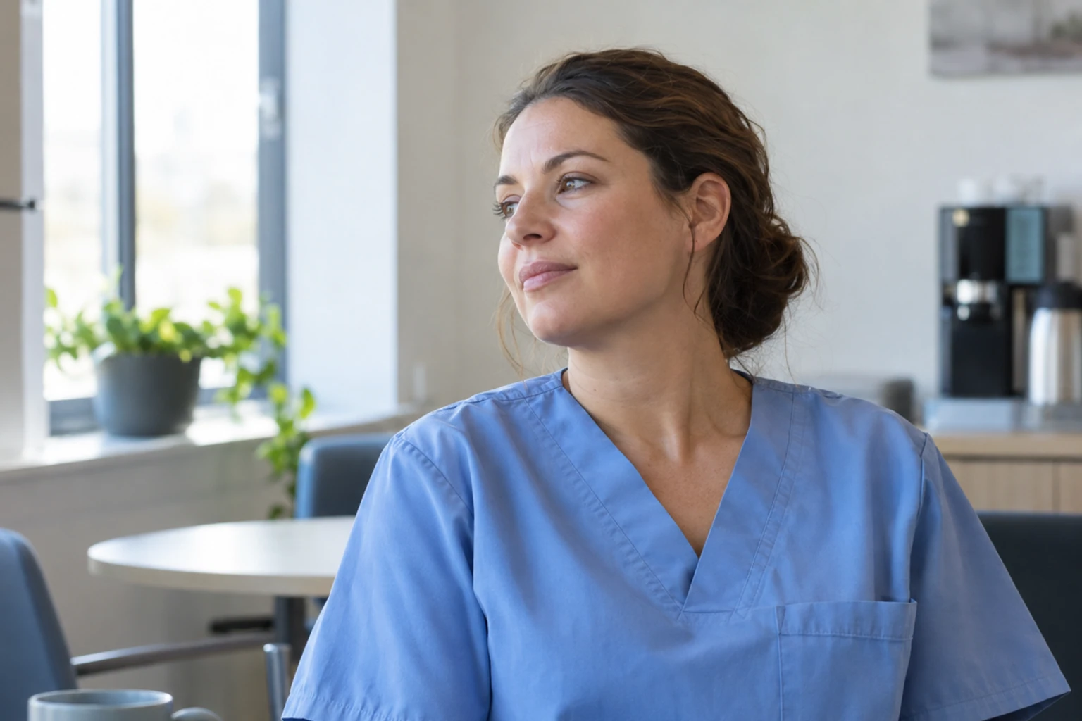 Infirmière en blouse bleue assise dans une salle de repos, regard pensif vers la fenêtre